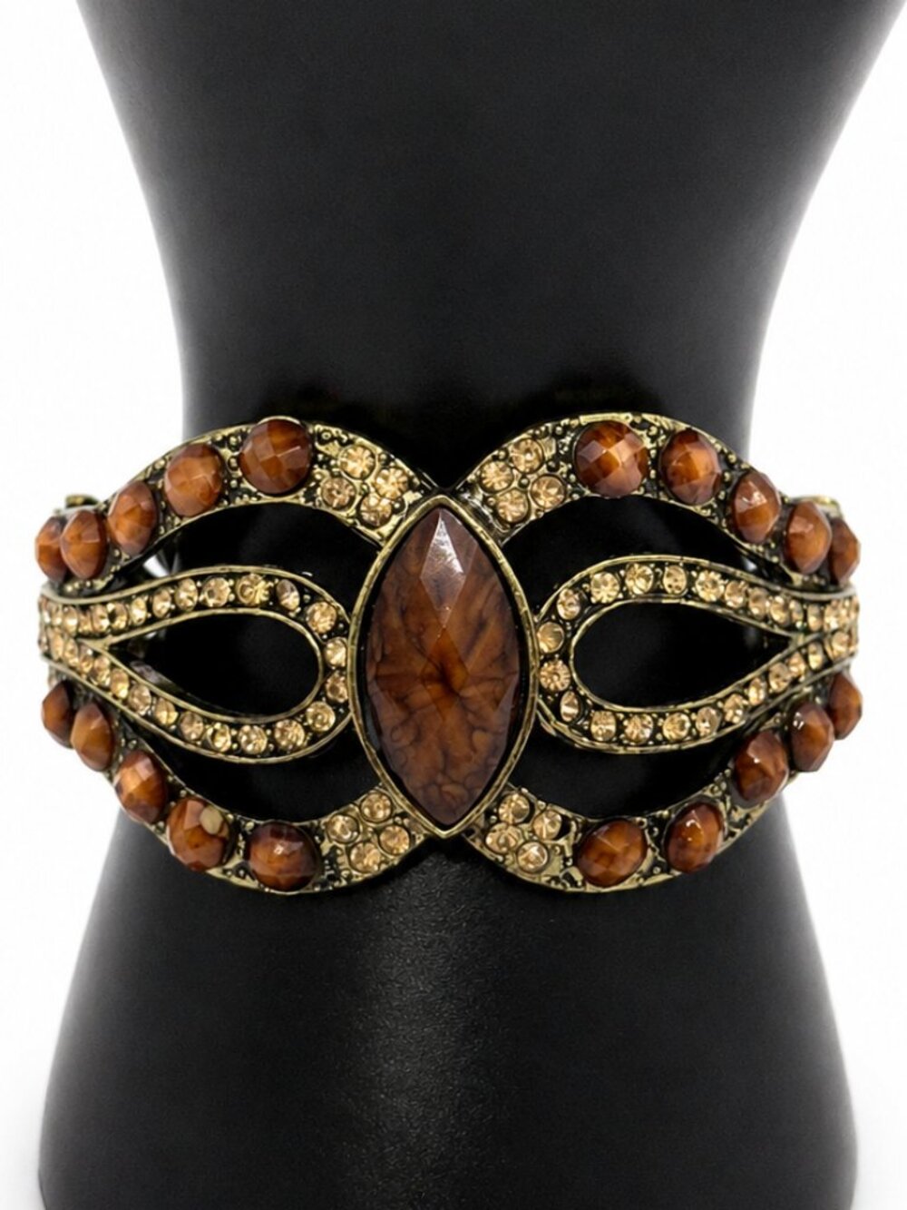 Vintage Style Antique Gold Tone Cuff Bracelet | Amber Rhinestone Statement